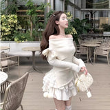 church outfit Korean Style Pure White off-Shoulder Long-Sleeved Sweater Women's Autumn Bow off-Shoulder Sweater Slim-Fit Short Top