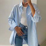 Autumn New Blue Striped Shirt Top Simple Advanced Sense Street Long Sleeve Cardigan