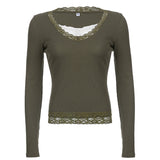 grunge outfits Women's Spring New Gray Green V-neck Tight Waist Lace Knitted Top EBay