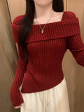 2000s fashion 2024 Spring Long-Sleeved off-Shoulder Sweater Top Women's Irregular Slim-Fit Short Split Bottoming Sweater