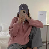 mens fashion Korean Style Half Zipper Sweater Women's Autumn and Winter New Style Pit Design Sense Stand Collar Soft Glutinous Loose Outer Wear Sweater Top