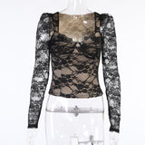 Chest Cup Lace Long-Sleeved Top Women's Spring Fashionable Sexy Black Waist-Tight V-neck Shirt