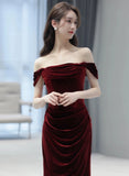 Patcute 2024 Wine Red Off Shoulder Scoop Long Party Dress, Wine Red Velvet Prom Dress