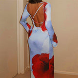 birthday outfit Fashionable Printed Long Dress 2024 Autumn Women's New Long Sleeve Sexy Backless Dress