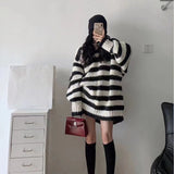 Patcute skater boy outfits Autumn and Winter Lazy Style Knitwear New V-neck Loose Top Korean Style Mid-Length Thick Line Contrast Color Striped Sweater for Women.