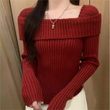 2000s fashion 2024 Spring Long-Sleeved off-Shoulder Sweater Top Women's Irregular Slim-Fit Short Split Bottoming Sweater