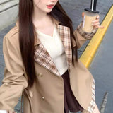 2024 fall fashion trends Maple Candy Girl Khaki Trench Coat Female 2024 Autumn Plaid Stitching Coat Small Versatile Mid-Length Trench Coat