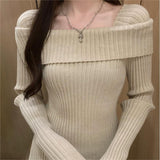 2000s fashion 2024 Spring Long-Sleeved off-Shoulder Sweater Top Women's Irregular Slim-Fit Short Split Bottoming Sweater