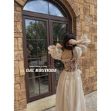 one with nature dress to impress Spring 2024 New French Retro Court Style round Neck Bubble Long Sleeve Princess Dress Fairy Dress Oil Painting