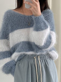 sweater Elegant Lazy Style off-Shoulder Striped Sweater Women's Korean-Style Autumn and Winter Outer Wear Short Soft Glutinous off-Shoulder Sweater Top