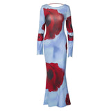 birthday outfit Fashionable Printed Long Dress 2024 Autumn Women's New Long Sleeve Sexy Backless Dress