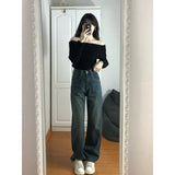 2000s fashion Autumn and Winter off-Shoulder Collar Black Sweater Lazy 2024 New Design off-Shoulder Long Sleeve High-End Slim Sweater Top