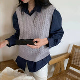 Patcute classy outfits men Preppy Style 2024 Spring Sweater Vest Loose Retro Versatile Knitted Preppy Style Age-Reducing Outer Collar Vest for Women