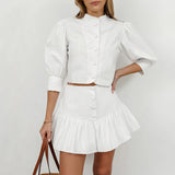 Patcute fall 2024 fashion trends 2024 Summer White Lantern Sleeve Shirt Short Skirt Two-Piece Set Women's Design Sense Professional Suit Women's Clothing