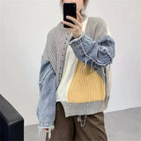 2024 fall fashion trends Denim Stitching Twist New Sweater Women's Spring and Autumn Pullover Top Slimming Temperament Loose Sweater Women's Clothing