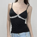 Patcute 2000s fashion Hot Girl Contrast Color Lace Stitching Bow V-neck Striped Camisole Inner Knitted Ultra-Short Top