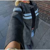 frat outfits Striped Leather Jacket Coat 2024 Fashionable Women's Autumn and Winter Zipper Long Sleeve Coat