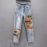 hipster Autumn New Fashion Heavy-Duty Rhinestone Phoenix High Waist Slimming Harem Cropped Skinny Jeans for Women