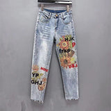 hipster Autumn New Fashion Heavy-Duty Rhinestone Phoenix High Waist Slimming Harem Cropped Skinny Jeans for Women