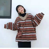 sweater Female Student Korean Style Autumn and Winter New Striped Contrast Color V-neck Lazy Style Pullover Loose High-End Sweater Female