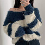 sweater Elegant Lazy Style off-Shoulder Striped Sweater Women's Korean-Style Autumn and Winter Outer Wear Short Soft Glutinous off-Shoulder Sweater Top