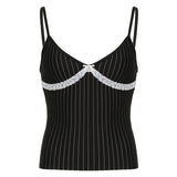 2000s fashion Hot Girl Contrast Color Lace Stitching Bow V-neck Striped Camisole Inner Knitted Ultra-Short Top