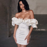 Patcute dress with bow Sexy Dress Waist-Tight Hip Skirt Tube Top off-Shoulder Fishbone Ruffled Dress