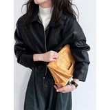 barn jacket outfits Luxi Cool Handsome High Sense ~ Lapel Leather Coat Women's Spring and Autumn Hong Kong Style PU Leather Jacket Motorcycle Top Trendy 9595