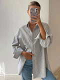 Autumn New Blue Striped Shirt Top Simple Advanced Sense Street Long Sleeve Cardigan