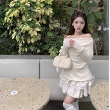 church outfit Korean Style Pure White off-Shoulder Long-Sleeved Sweater Women's Autumn Bow off-Shoulder Sweater Slim-Fit Short Top