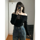 2000s fashion Autumn and Winter off-Shoulder Collar Black Sweater Lazy 2024 New Design off-Shoulder Long Sleeve High-End Slim Sweater Top