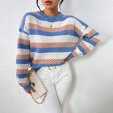 Patcute sweater Autumn and Winter round Neck Long Sleeve Knitted Top Women's Sweater Classic Contrast Color Striped Loose Casual Sweater