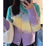 fashion urban Spring and Autumn Retro Contrast Color Gradient Soft Glutinous Personality Chic Niche Knitted Cardigan Sweater Coat for Women outside