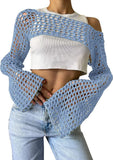 2000s fashion Sexy Hollow Sweater Solid Color round Neck Long Sleeve Knitted Blouse New