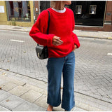 Patcute Winter Fashion Color Trends for 2024 - the red details round Neck Long Sleeve Sweater 2024 Fashion Women's Autumn Loose Casual Pullover