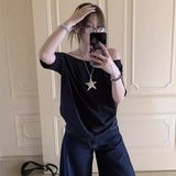 outfit ideas for school Pure Sexy off-Shoulder Loose plus Size Short-Sleeved T-shirt Women's Summer Korean Style New Casual Simple Bottoming Top Women's T-shirt Fashion