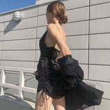 Patcute dress to impress codes Sexy Hot Girl Backless Slimming Sling Dress French Retro Niche Pleated Drawstring Adjustable Black Dress