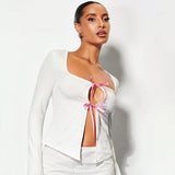 2000s fashion Women's Spring New round Neck Trapezoidal Collar Long Sleeve Bow Tied Rope Cardigan T-shirt Top