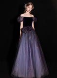 Patcute 2024 A-line Purple Short Sleeves Tulle and Velvet Long Prom Dress, Long Party Dress