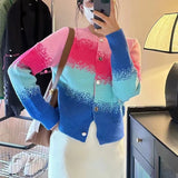 fashion urban Spring and Autumn Retro Contrast Color Gradient Soft Glutinous Personality Chic Niche Knitted Cardigan Sweater Coat for Women outside