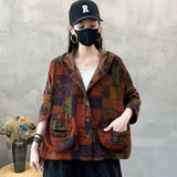 style mistakes Hooded Cotton and Linen Coat for Women 2024 Autumn Artistic Retro Loose Slimming Printed Pocket Casual Top