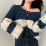 Patcute sweater Elegant Lazy Style off-Shoulder Striped Sweater Women's Korean-Style Autumn and Winter Outer Wear Short Soft Glutinous off-Shoulder Sweater Top