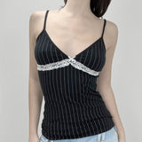 2000s fashion Hot Girl Contrast Color Lace Stitching Bow V-neck Striped Camisole Inner Knitted Ultra-Short Top