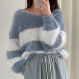 sweater Elegant Lazy Style off-Shoulder Striped Sweater Women's Korean-Style Autumn and Winter Outer Wear Short Soft Glutinous off-Shoulder Sweater Top