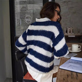 sweater 2024 Autumn and Winter New Blue and White Striped Contrast Color Loose Lazy All-Match Knitted Sweater for Women