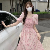 Patcute French Puff Sleeve Floral Dress Women 2024 Summer New High Waist Thin Mid Length Dresses Girls Casual Elegant Dress Female