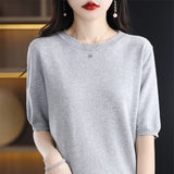 Patcute  Women's pullover knitted short-sleeve T-shirt 2024 new spring/summer O-collar T-shirt women's basic solid color half-sleeve