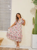 Patcute Sexy V Neck Beach Dress Woman Bodycon Short Sleeve Maxi Dress Elegant Pleated Pink Floral Long Summer Dresses For Women 2024