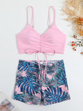 Patcute  Tropical Print Drawstring Bikini Women High Waist Swimsuit Tie Front Shorts Swimwear Female Bathing Suit Swimming Summer