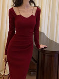 Patcute  Sexy Women Bodycon Slim Midi Dress Autumn Casual Black Red Evening Party Club Chic Vestidos Female Birthday Robe Clothings